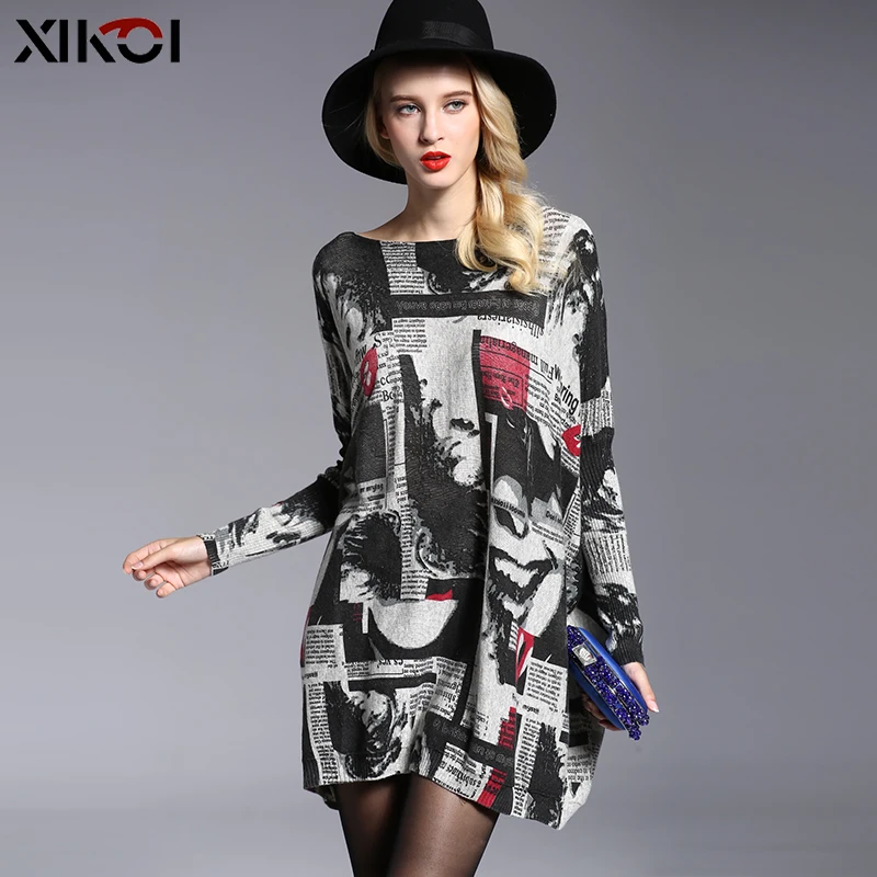 XIKOI Women Oversized Sweater Dress Autumn Pullovers Batwing Sleeve Patchwork Print Slash Neck Pull Femme Knitted Sweaters