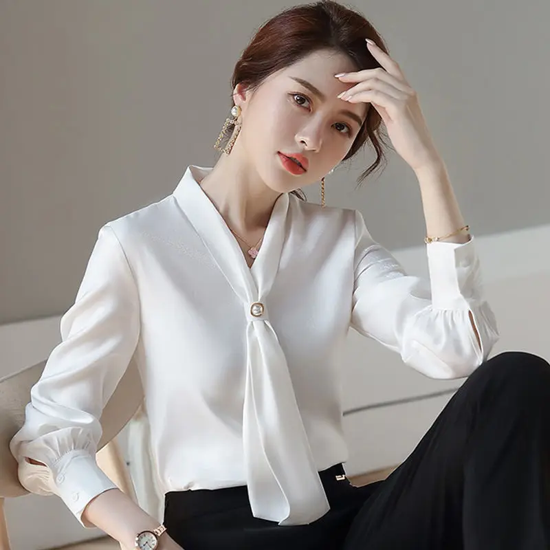 Bow Beading Elegant Chiffon Shirt Office Lady Fashion Casual All-match Blouse Commuter Basic Solid V-Neck Chic Women\'s Blouses