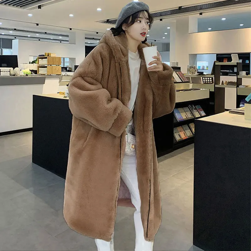 Liuj qm com capuz oversized jacket casaco de pele de inverno feminino parka longo quente casaco de pele do falso casacos de inverno solto