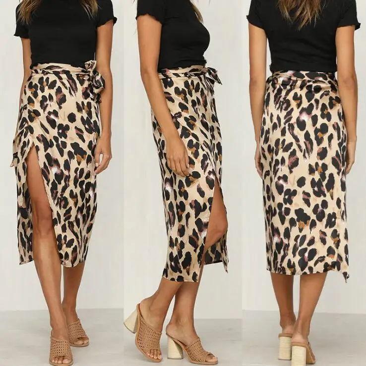 

fashion sexy leopard skirts women half skirt high waist women Spring summer lace up a Bandage Leopard Print half open dress