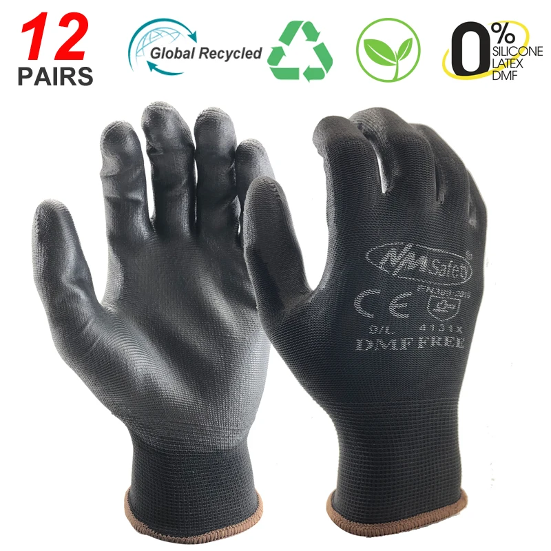 100% High Quality 24Pieces/12 Pairs Black Nylon Cotton Knitted Coated PU Nitrile Rubber Industrial Protective Safety Work Glove