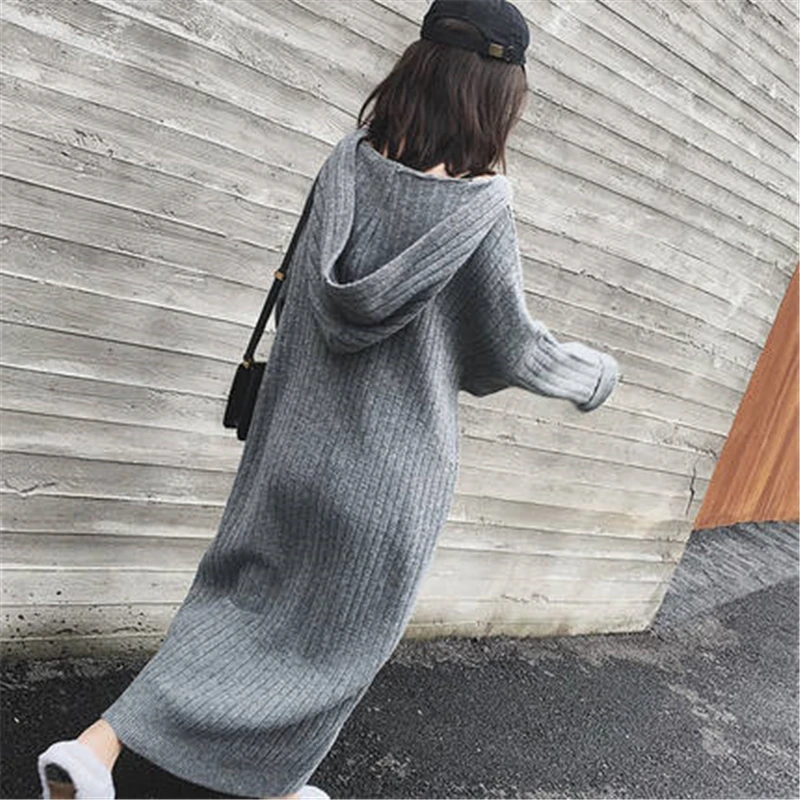 

YAMDI women sweater dress chic female casual spring autumn winter sweater woman knitted thick long hooded sweater dresses solid