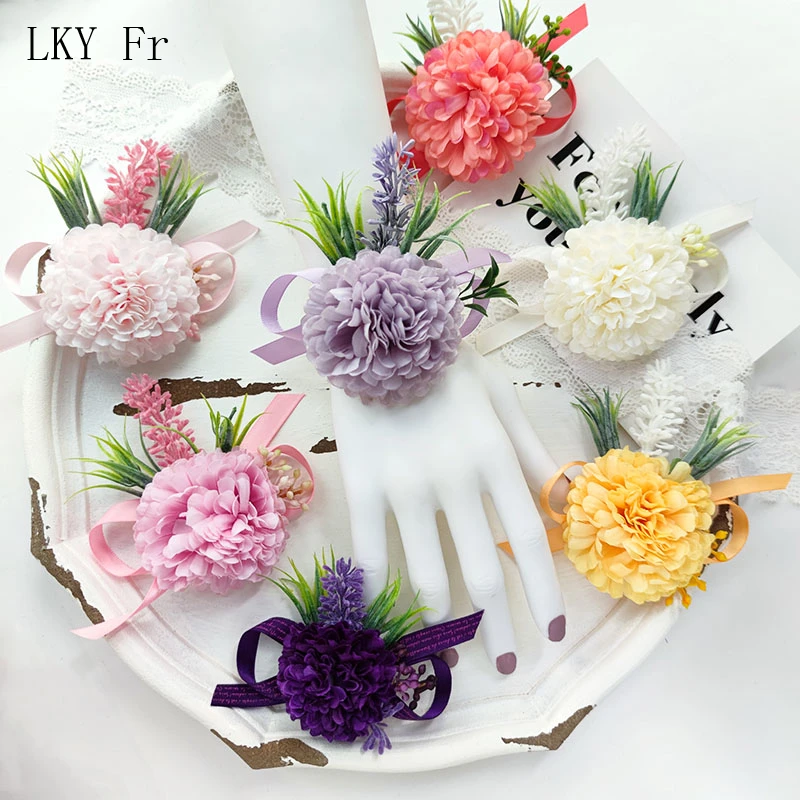 LKY Fr Bridesmaid Bracelet Flowers Corsage Wedding Boutonniere Pins Silk Bridal Girl Bracelet Accessories Party Wrist Decoration