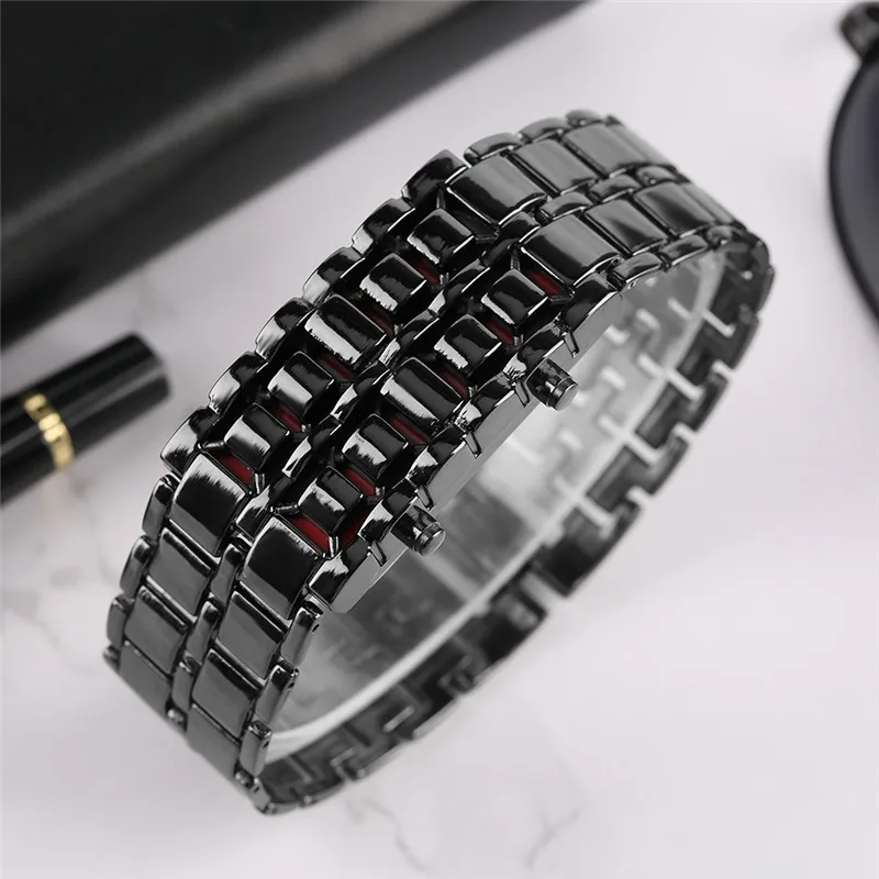 Samurai-Relógio masculino de quartzo em metal, relógio digital, ferro metal, LED vermelho, esporte, relógios de pulso simples para meninos, moda