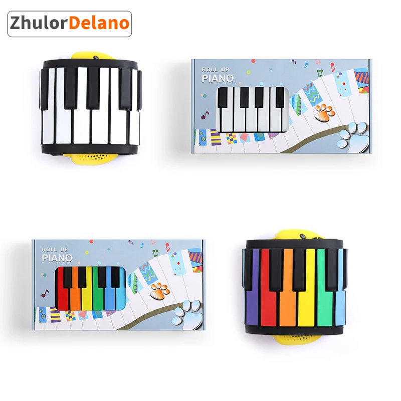 Portable Rollable Electric Piano 49 Keys Intelligent Hand-roll For Children Beginner Rainbow Black-white Color