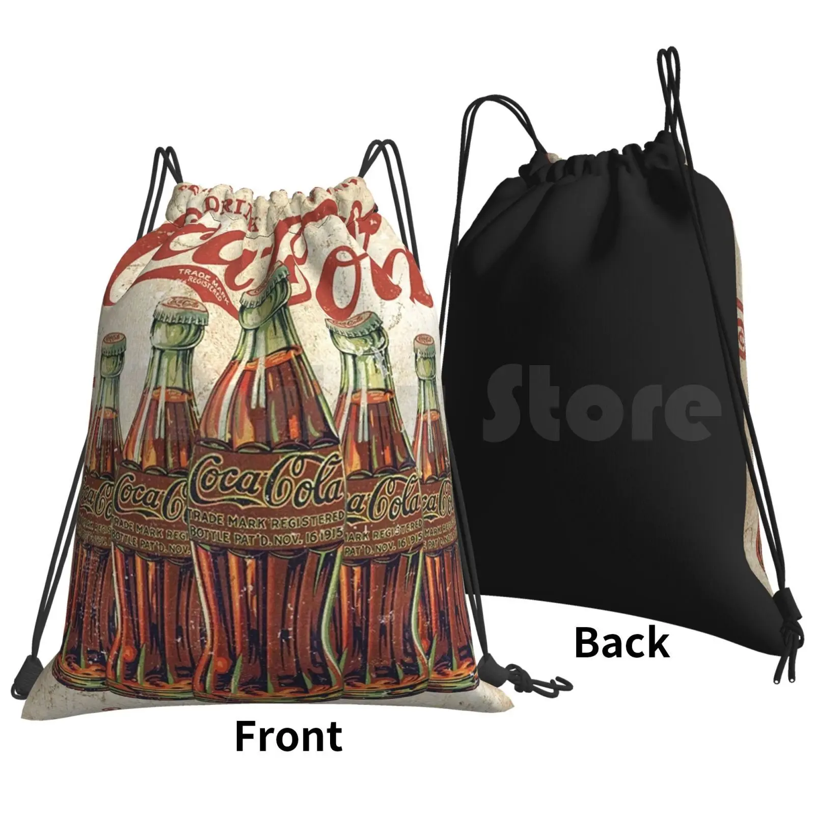 Bottles Vintage Backpack Drawstring Bag Riding Climbing Gym Bag Vintage Coke Cola Coca Red Logo Pop Drink Soda Drinks Retro