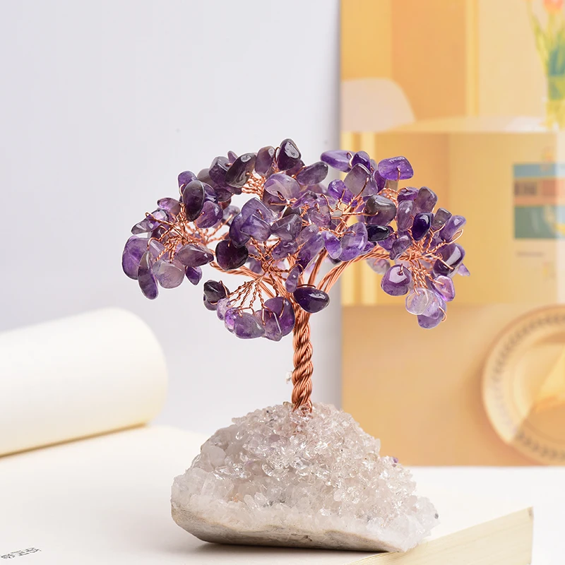 1PC Natural Stone Amethyst Rose Quartz Tree Of Life Rock Mineral Geomancy Reiki Healing Home Decor DIY Crafts Gift Decoration