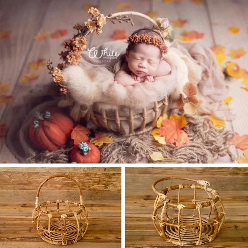 Newborn Photography Props Baby Photo Shoot Pose Assist Container Infant Studio Fotografie Handmade Woven Round Rattan Basket