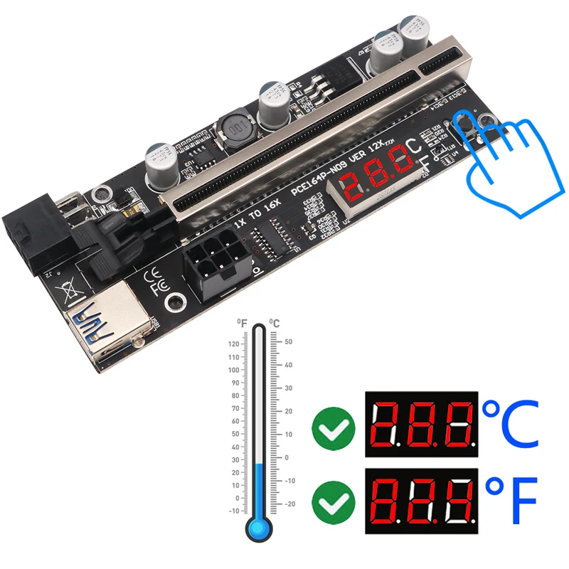 Райзер PCIE 009S Plus Riser PCI E PCI Express X1-X16 Dual 6Pin для майнинга графических карт GPU Bitcoin Miner с датчиком температуры