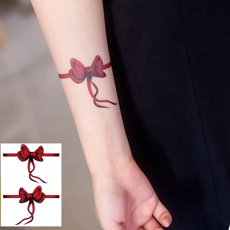 Red Bow Arm Temporary Tattoo Stickers Female Waterproof Sexy Body Art Fake Tattoo Covering Scars Ankle Wrist Calf Tattoo Sticker