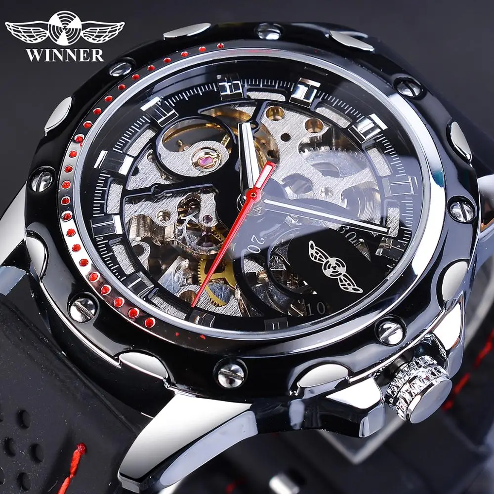 Winner Black Men Military Mechanical Watch Automatic Skeleton Self Wind Analog Racing Sport Silicone Strap Male Reloj Wristwatch