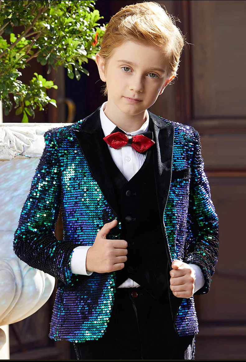 Roupa de casamento infantil com um botão, lantejoulas, guarda-roupa personalizada para meninos (jaqueta + calça + gravata) 06