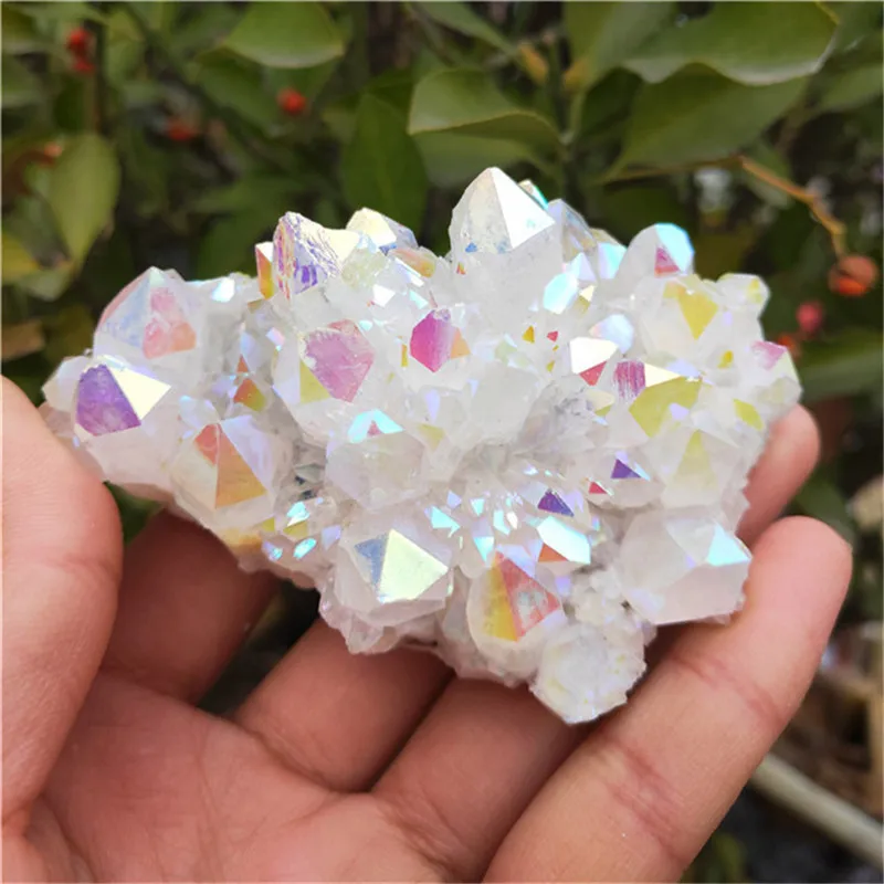 Natural White Crystal Cluster Electroplated Angel Aura Quartz Energy Stone Colorful Point Mineral Reiki Healing Home Decoration