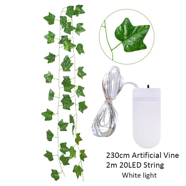 2,3 m Seidenblätter, gefälschte Creeper, grünes Blatt, Efeu-Rebe, 2 m, LED-Lichterkette für Zuhause, Hochzeit, Party, Hängegirlande, künstliche Blume – Detail 18