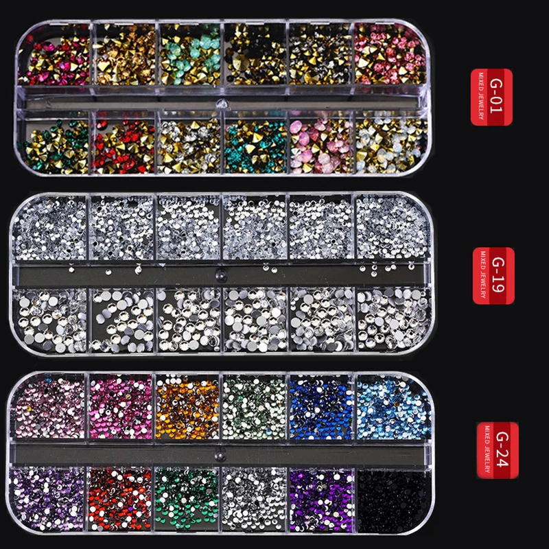 12 Grid Nails art accesorios AB Clear Rhinestones 3D glitter gems Pearl DIY manicure decoration nail supplies for professionals