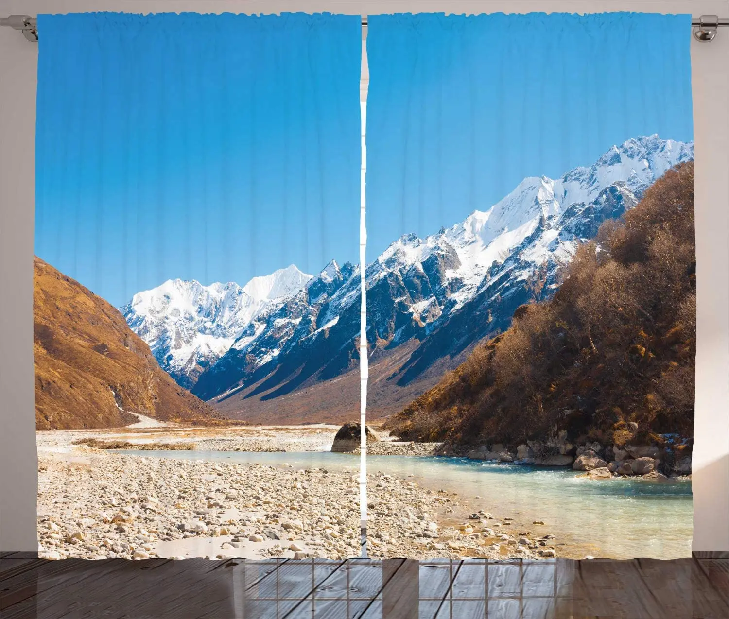 Sky Blue Multicolor Snow Mountain Curtains Image Langtang Valley Leading to Snow-Capped Himalayan Range Living Room Window Drap