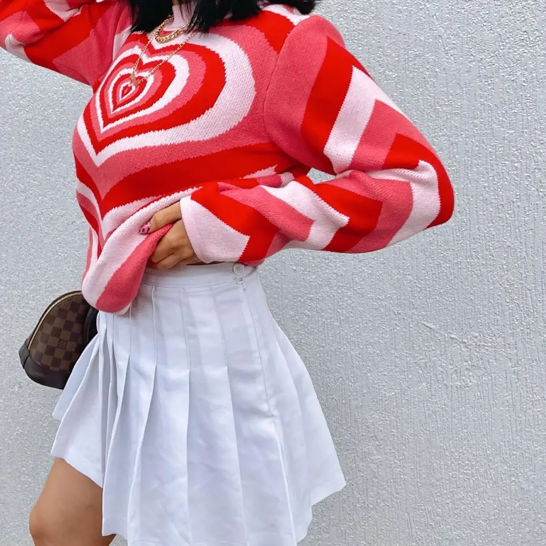 Heart Striped Knitted Sweater Women Y2K Pullovers Sweater Girls Sweet Long Sleeve Jumper Turtleneck Sweater Streetwear