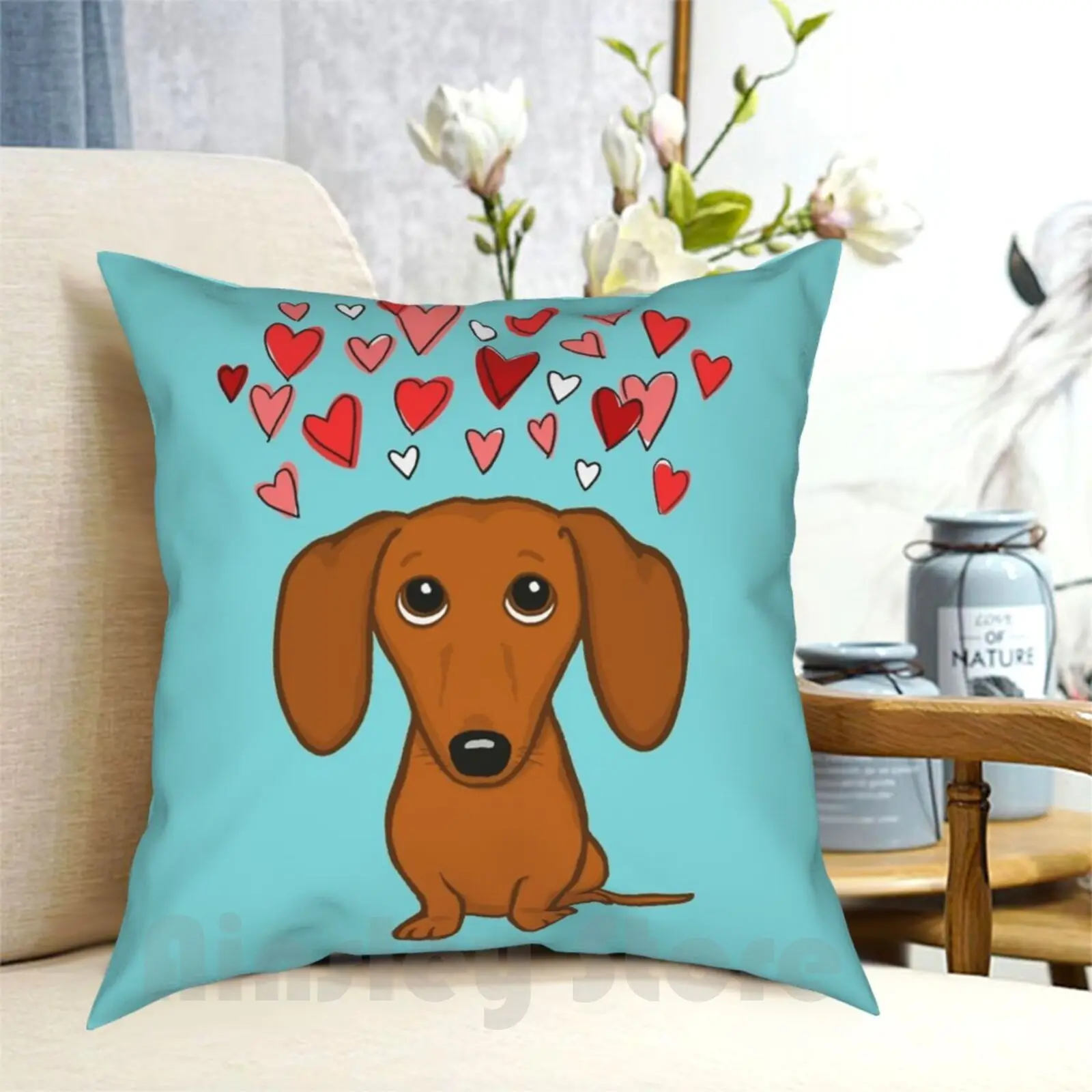 Cute Dachshund With Hearts Pillow Case Printed Home Soft Throw Pillow Dachshund Dachshund Dog Dogs Pets Animals Dachsie