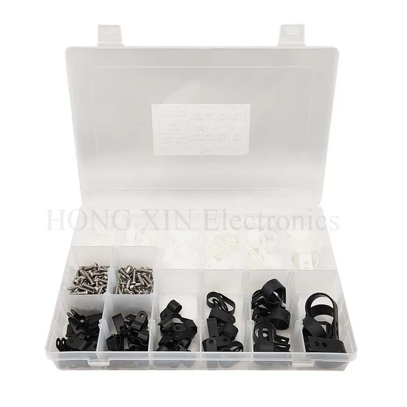 135 Pack 6 Sizes White+Black Nylon Plastic R-Type Cable Clips Clamp Assortment Kit, 6.4/8.4/10.4/13.2/19/23mm