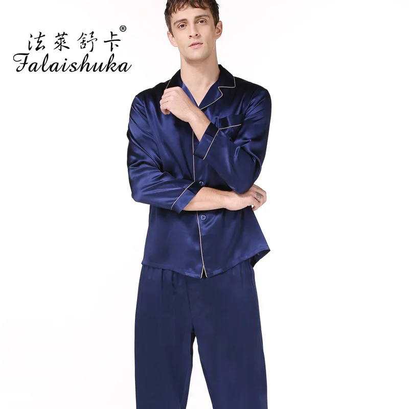 

16 momme 100% silk pajamas sets men sleepwear male casual pure color Long sleeve noble natural silk nightwear T9002