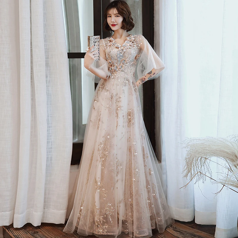 Evening Dresses Women V-neck Appliques Beading Tulle Illusion Half Sleeves A-line Floor-length Plus size Formal Party Dress A100