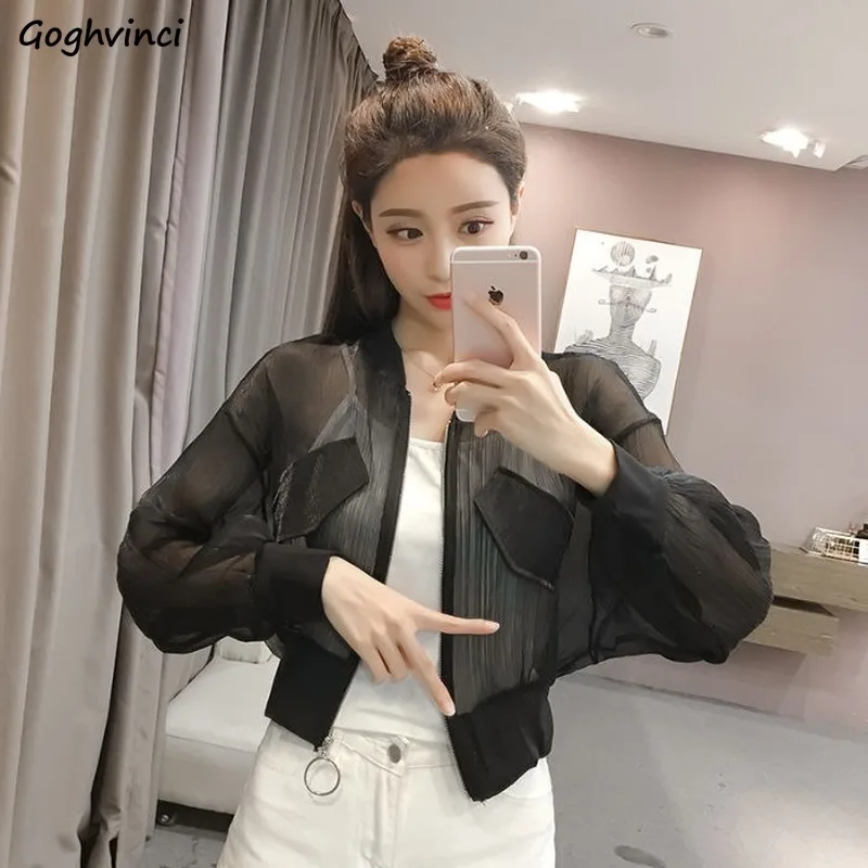 Women Basic Jackets Crop Tops Transparent Lurex Sun-Protect Thin Breathable Sexy Ladies Jacket Ulzzang Loose Casual Daily Trendy