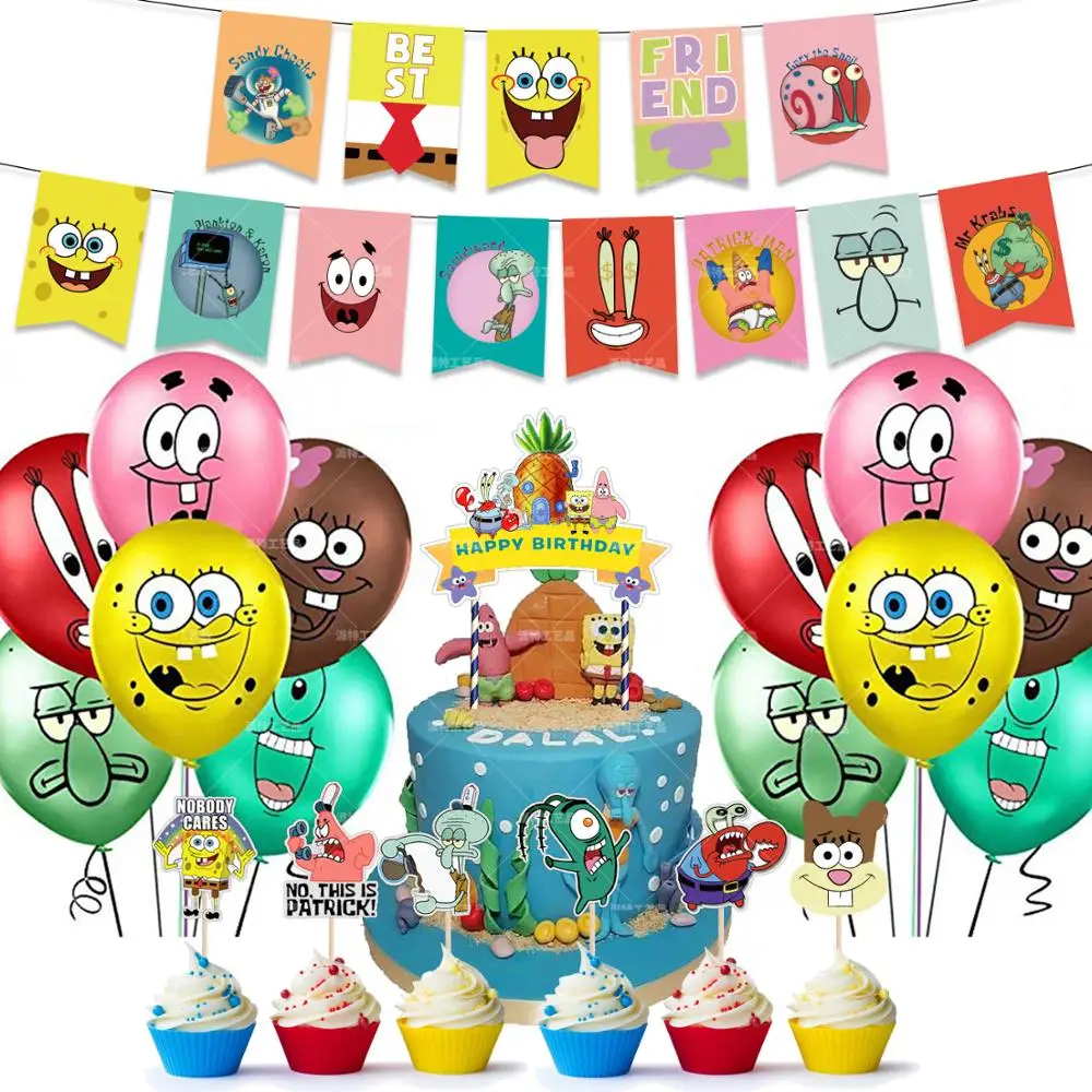 

1set Sponge Party Supplies Boy Or Girl Bob Latex Balloons Happy Birthday Banner Cartoon Theme Decoration Cake Topper Kids Ballon