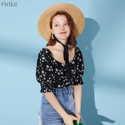 ARTKA 2020 Summer New Little Daisy Series Blouse Elegant Floral Print Chiffon Shirt Vintage Short Sleeve Crop Top Women SA20208X
