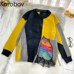 Korobov 2020 Autunno Inverno Donne Maglione Coreano Dolce di Colore di Colpo Giapponese Suéter Mujer Vintage O Collo A Manica Lunga Harajuku Ponticello