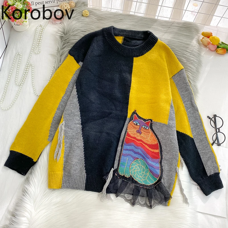 Korobov 2020 Autumn Winter Japanese Women Sweater Korean Sweet Hit Color Sueter Mujer Vintage O Neck Long Sleeve Harajuku Jumper