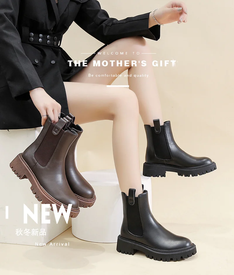 2021 Women's Boots for Autumn and Winter New Mid-heel Round Toe Leather Women's Chelsea Boots Thick-soled Non-slip Ankle Boots