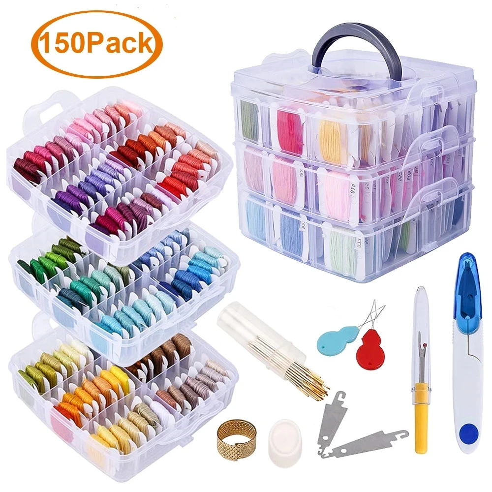 

High Tenacity Embroidery thread Set 150 Colors Cross Stitch Sewing Thread with Floss Bins&Scissors Thimble Cross Stitch Tool Box