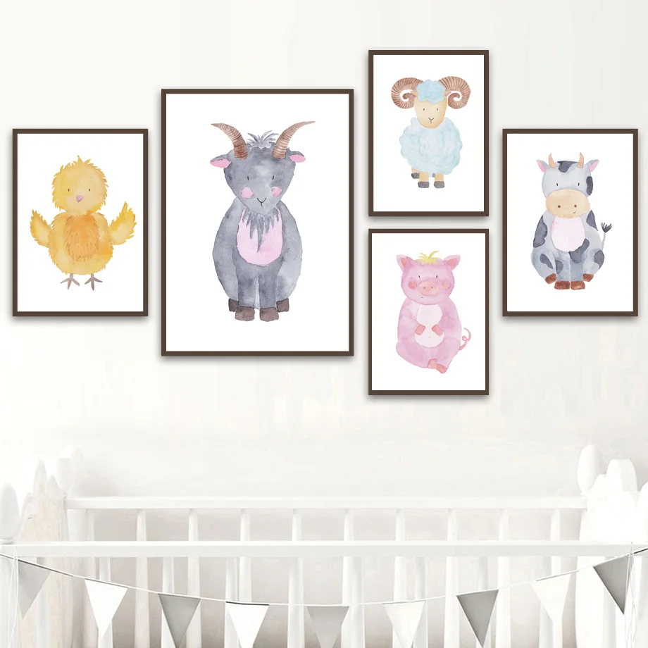 Cartoon Goat Sheep Chick Cock Pig Cow Nursery Wall Art Canvas Painting Nordic Posters And Prints Wall Pictures Kids Room Decor