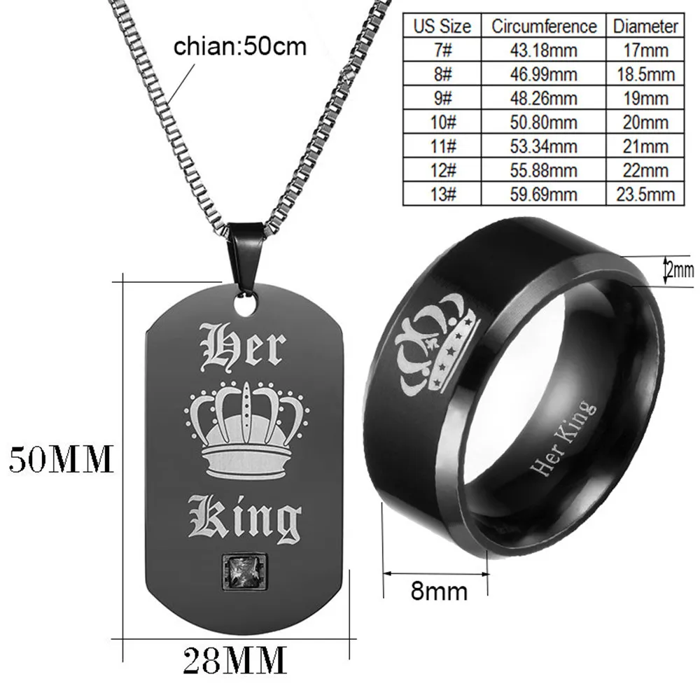 316L Stainless Steel Black Her  And His Queen Fashion Jewelry Set Necklace+Bracelet+Ring Engagement Jewellery