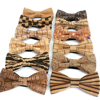 Brand New Luxury Cork Wood Men's Bow Tie Wooden Stripe Bow Ties Handmade Plaid Bowtie For Men Wedding Party Accessories Neckwear