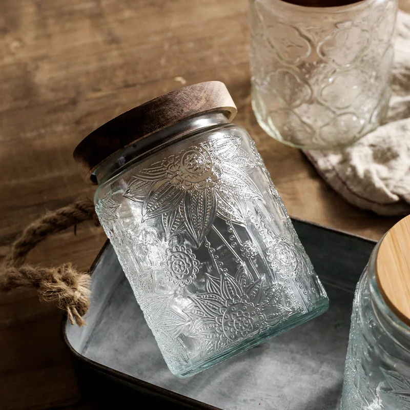 700ml Sealed Glass Sugar Jar Nut Coffee Bean Storage Jar Embossed Flower Glass Tea Can Kitchen Food Storage Container Bottle Tin