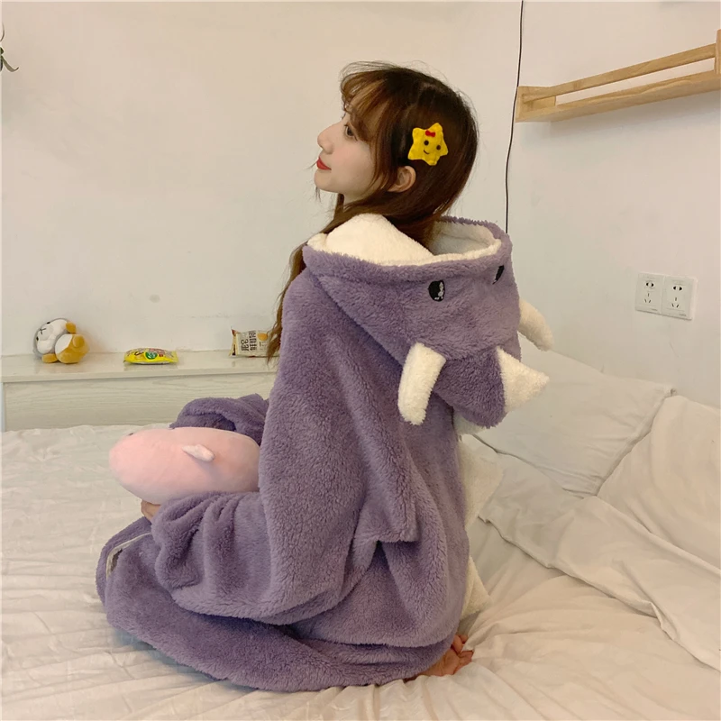 Autumn Winter Women Cute Pajamas Cartoon Ears Hooded Sleepwear Coral Fleece Lady Home Clothes Female Sweet Warm Lounge Pyjamas