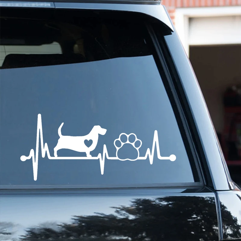 Basset Hound Heartbeat Lifeline Paw Die-Cut Vinyl Decal Car Sticker Waterproof Auto Decors on Car Body Bumper Rear #S60317