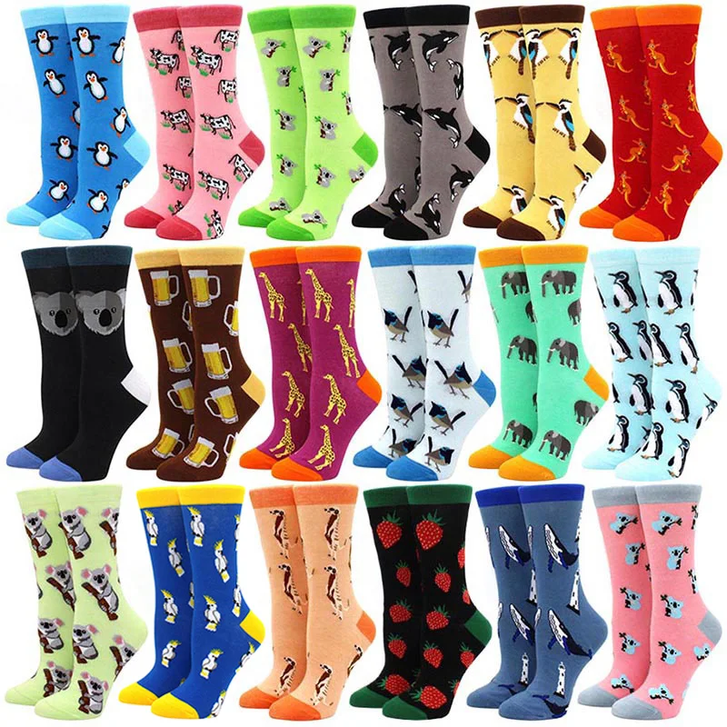 Women Happy Funny Socks Print Art Cute Spring animal Socks Penguin kangaroo koala parrot Cotton Fashion Harajuku Colorful Socks