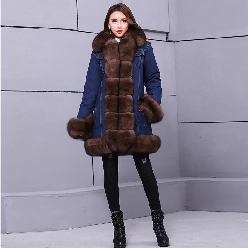 Cowboy jacket real fox fur collar fur liner pie overcoming coat mid-length thick hooded women\'s jacket