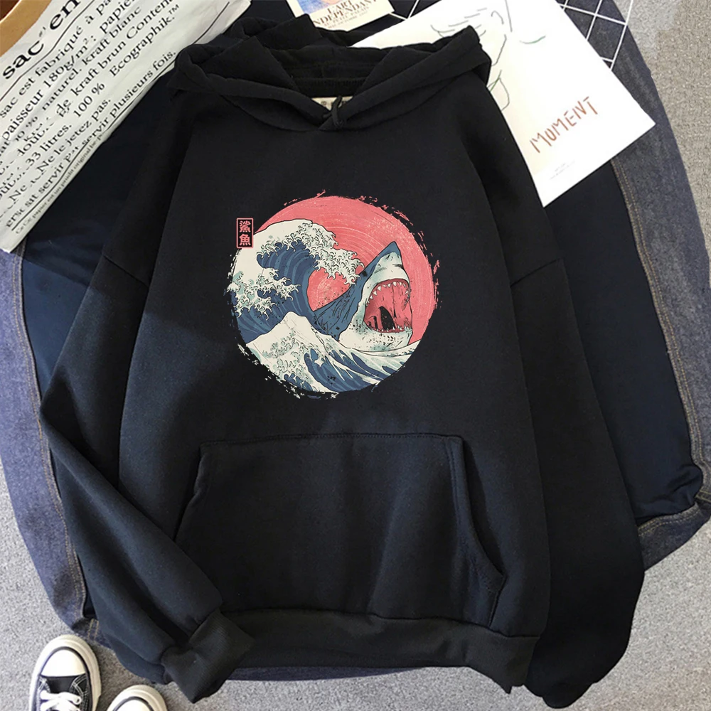 Hoodies Japanese Shark Ukiyo-E Mens Warm Hoodies Harajuku Brand Vintage Man Sweatshirt Loose Street Korean Pullover Punk Clothes