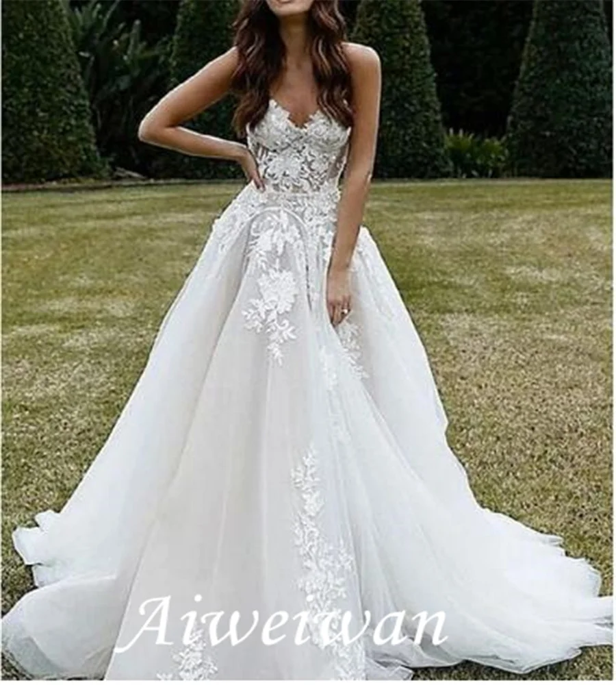 

ТРАПЕЦИЕВИДНОЕ свадебное платье с V-образным вырезом, кружевное Тюлевое платье без рукавов со шлейфом с аппликацией 2021