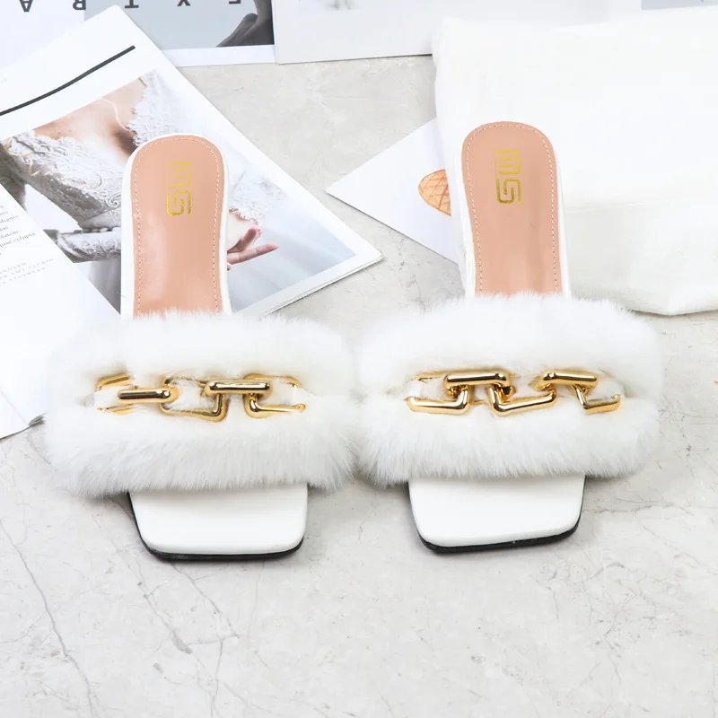 2023 Summer Women 6cm High Heels Slides Furry Felt Mules Low Heels Metal Chain Slippers Sexy Platform Hairy Outside Fur Shoes