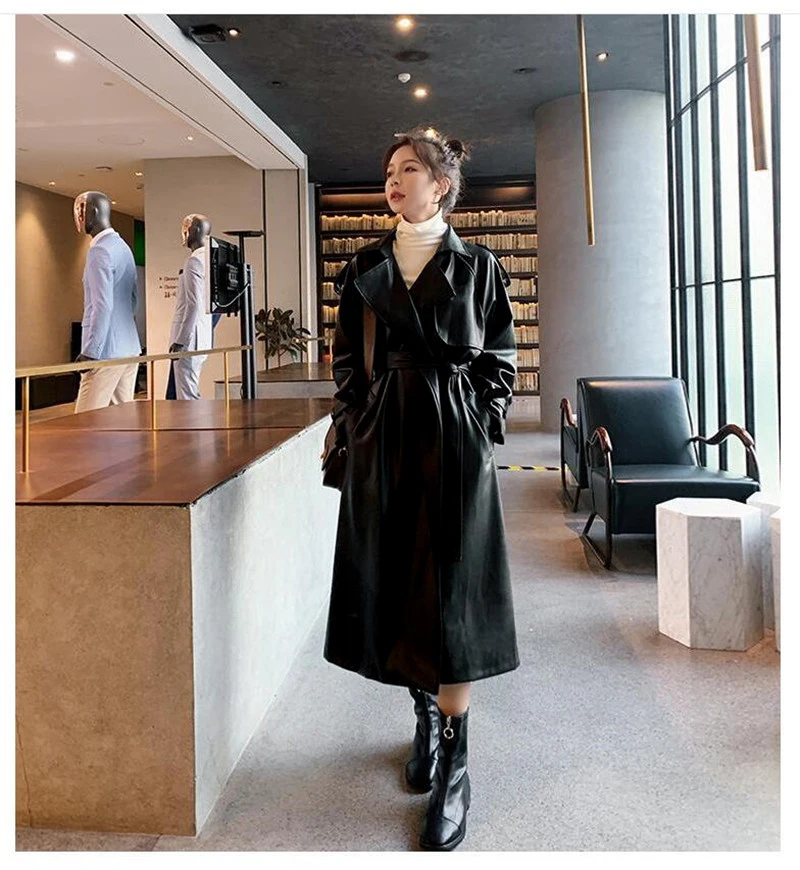 Nerazzurri Spring Black Oversized Long Waterproof Leather Trench Coat for Women 2021 Long Sleeve Loose Korean Fashion Clothing