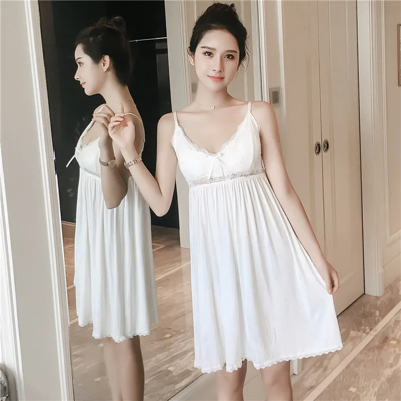 Summer New Sleepwear Nighty Sexy White Home Dressing Gown Intimate Lingerie Casual Cotton Nightgown Women Nightdress Homewear