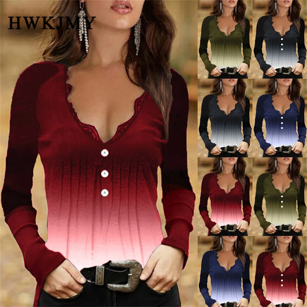 

New Fashion Sexy Women Luxury Skinny Lace T-Shirt Gradient Printed V-Neck Long Sleeve Top Loose Clothing XS-5XL