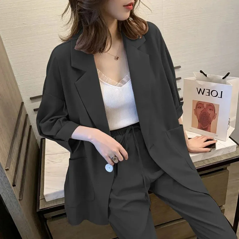 

Two Piece Set Big Size Elegant Office Lady Suit Slim Long Pants Jacket Blazer Top Suit Commuting Wind Work Casual Women Set