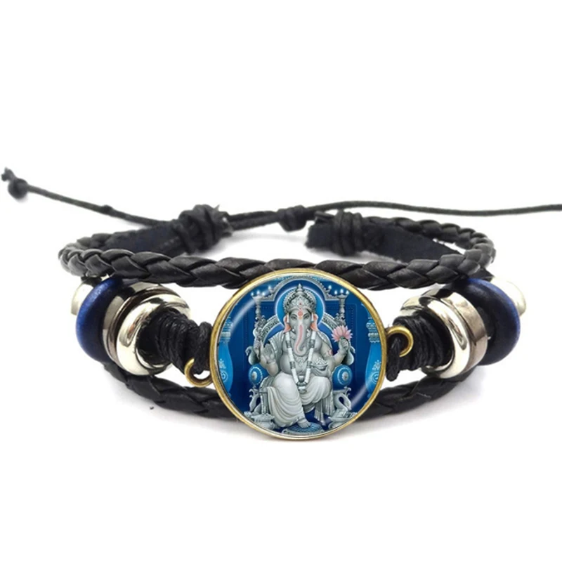 Sacred Indian Ganesha Leather Bracelet Buddhism Religion Amulet Dome Crystal Leather Bracelet Gift for Christians