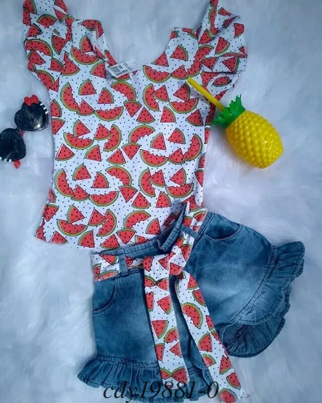 2pcs Clothes Set Toddler Baby Girls Flamingo Print Floral Watermelon Tops T-shirt Denim Jeans Shorts Pants Kids Outfits