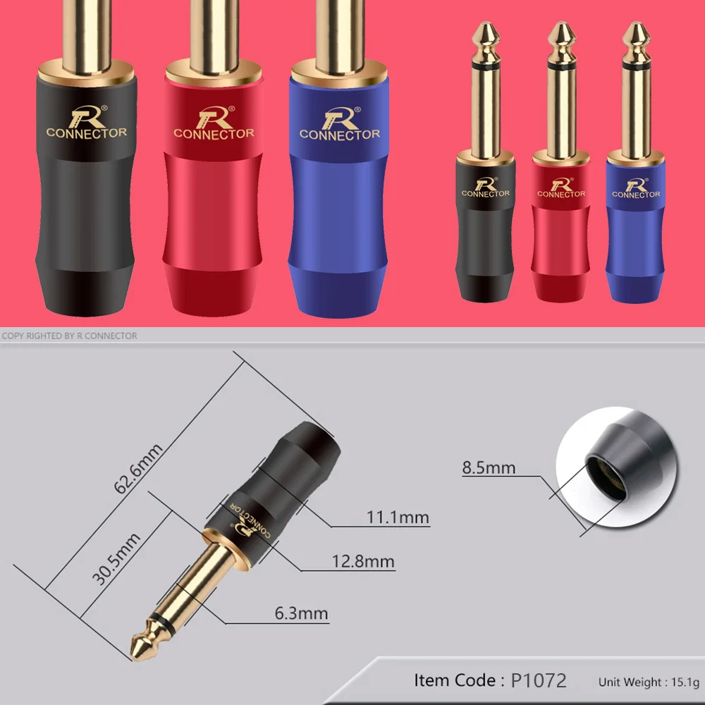 10pcs/lot 6.35mm 2P/3 Poles Male Plug Mono/Stereo Solder Wire Connector Gold Plated 1/4 inch Guitar Microphone Plug Black Tube